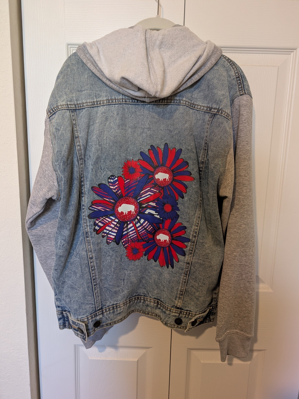 Denim Hooded Jacket with Red & Blue Floral Back Graphic